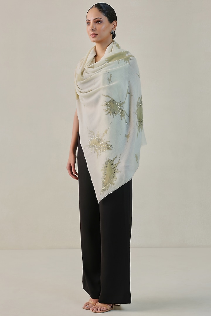 Ivory Woolen Hand Painted & Swarovski Embroidered Stole by Shaza at Pernia's Pop Up Shop