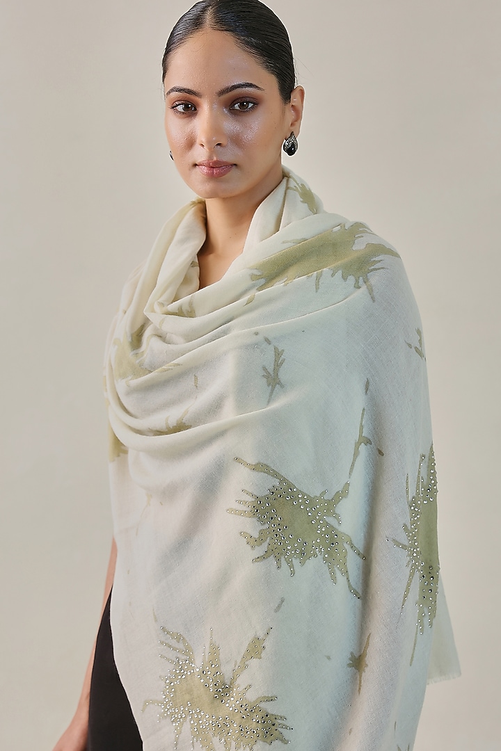 Ivory Woolen Hand Painted & Swarovski Embroidered Stole by Shaza at Pernia's Pop Up Shop