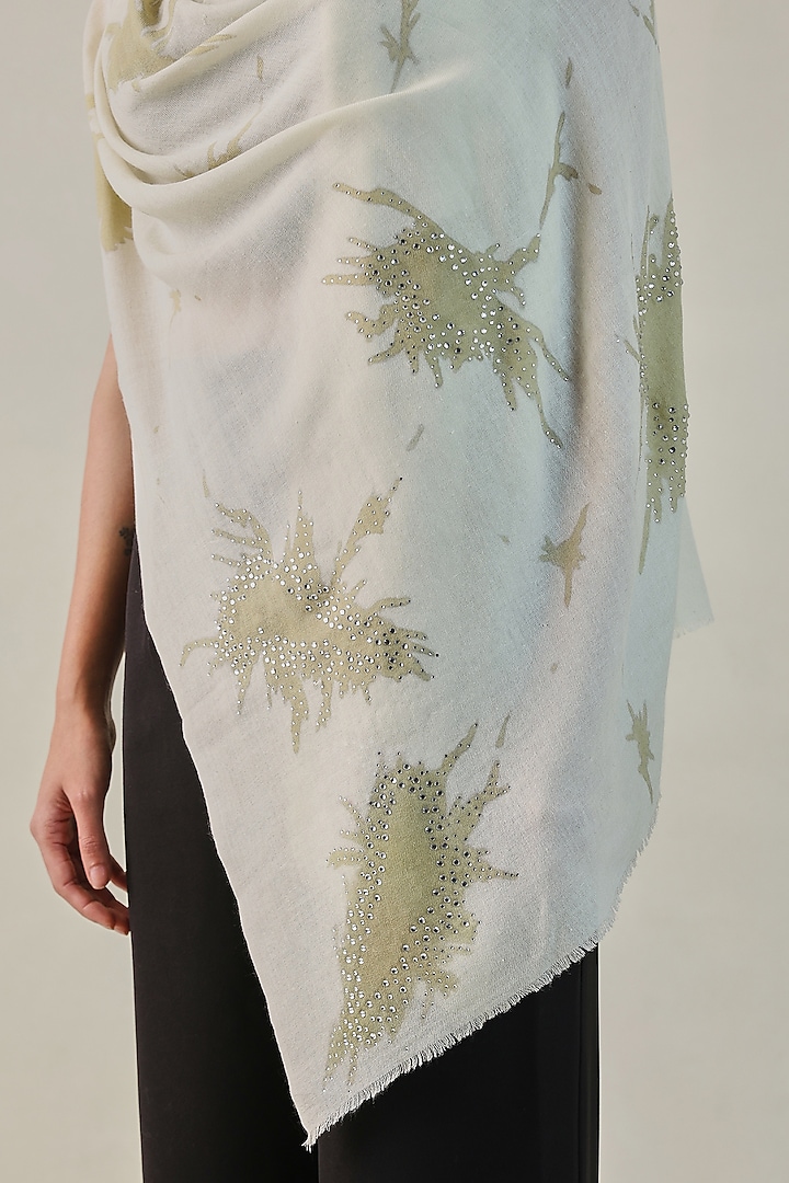 Ivory Woolen Hand Painted & Swarovski Embroidered Stole by Shaza at Pernia's Pop Up Shop