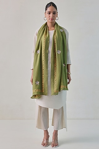 Olive Green Pashmina Floral Machine Embroidered Stole by Shaza
