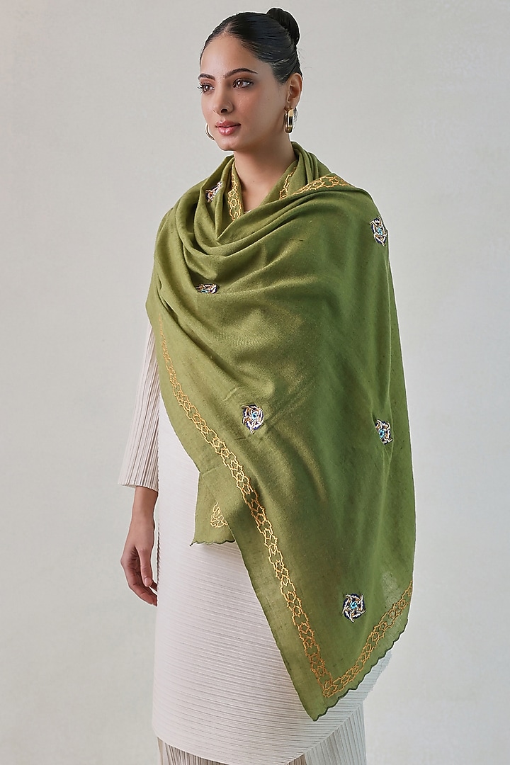 Olive Green Pashmina Floral Machine Embroidered Stole by Shaza at Pernia's Pop Up Shop