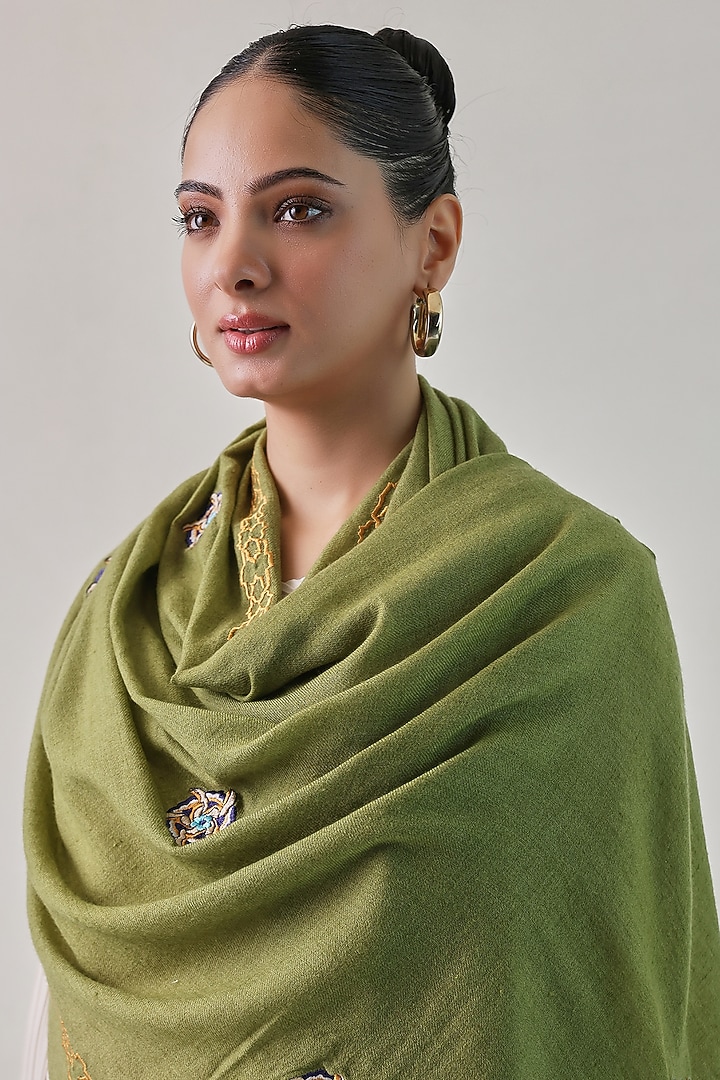 Olive Green Pashmina Floral Machine Embroidered Stole by Shaza at Pernia's Pop Up Shop