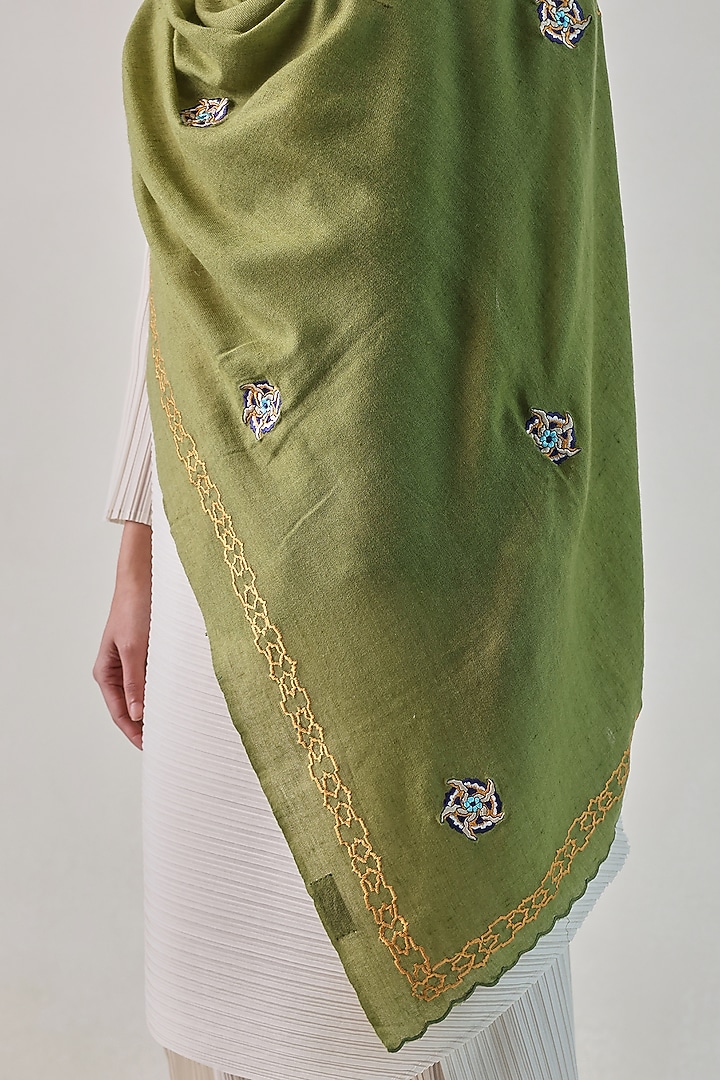 Olive Green Pashmina Floral Machine Embroidered Stole by Shaza at Pernia's Pop Up Shop