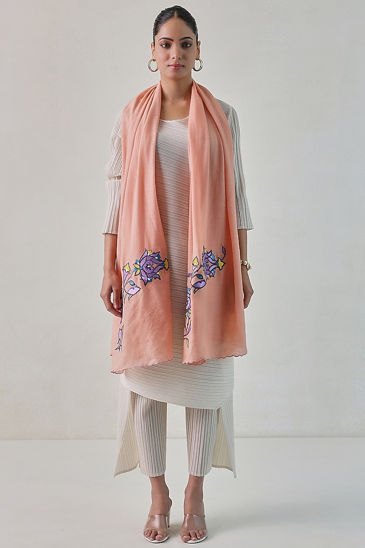 Peach Pashmina Floral Machine Embroidered Stole by Shaza at Pernia's Pop Up Shop