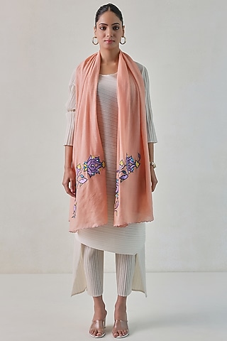Peach Pashmina Floral Machine Embroidered Stole by Shaza