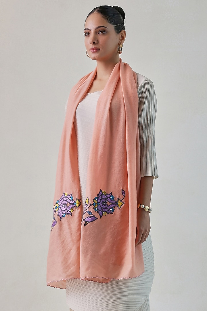 Peach Pashmina Floral Machine Embroidered Stole by Shaza at Pernia's Pop Up Shop