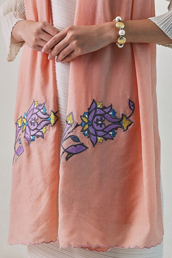 Peach Pashmina Floral Machine Embroidered Stole by Shaza at Pernia's Pop Up Shop