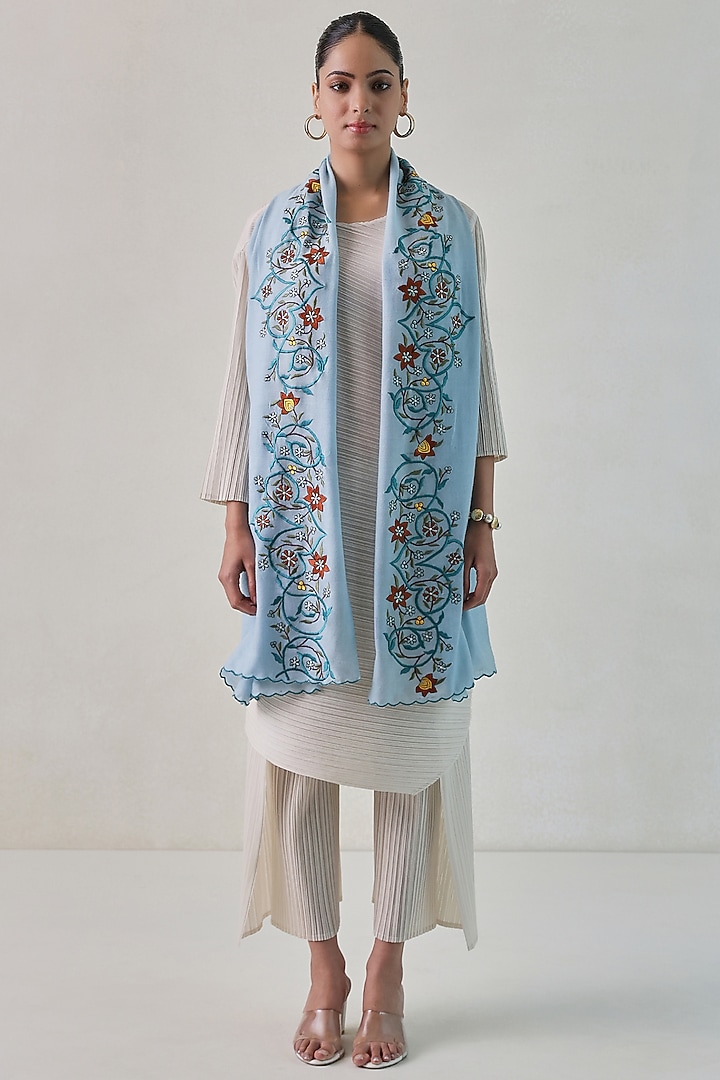 Pastel Blue Pashmina Floral Machine Embroidered Stole by Shaza at Pernia's Pop Up Shop