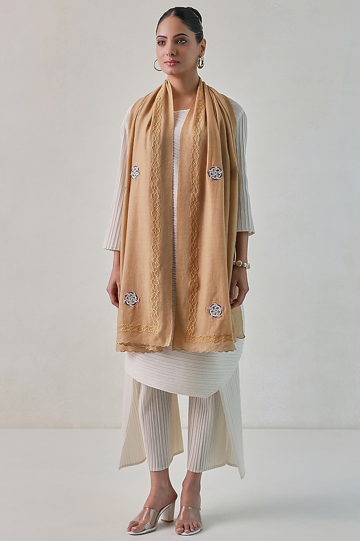 Caramel Colored Pashmina Floral Machine Embroidered Stole by Shaza at Pernia's Pop Up Shop