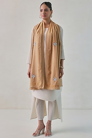 Caramel Colored Pashmina Floral Machine Embroidered Stole by Shaza