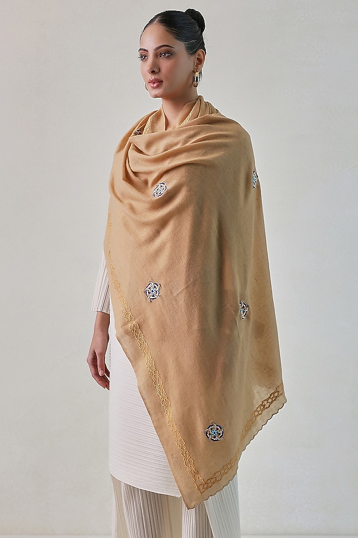 Caramel Colored Pashmina Floral Machine Embroidered Stole by Shaza at Pernia's Pop Up Shop