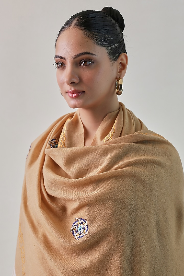 Caramel Colored Pashmina Floral Machine Embroidered Stole by Shaza at Pernia's Pop Up Shop
