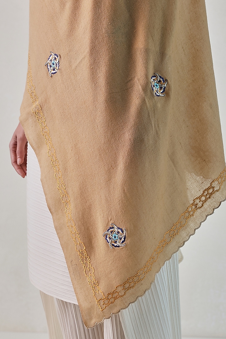 Caramel Colored Pashmina Floral Machine Embroidered Stole by Shaza at Pernia's Pop Up Shop