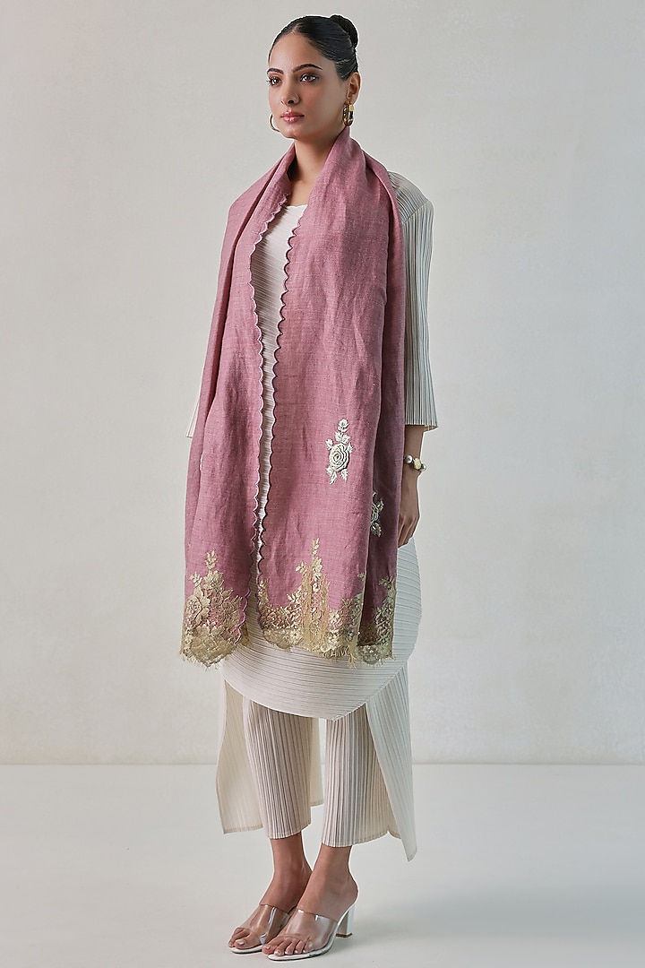 Dusty Rose Pink Chantilly Hand Embellished Stole by Shaza at Pernia's Pop Up Shop
