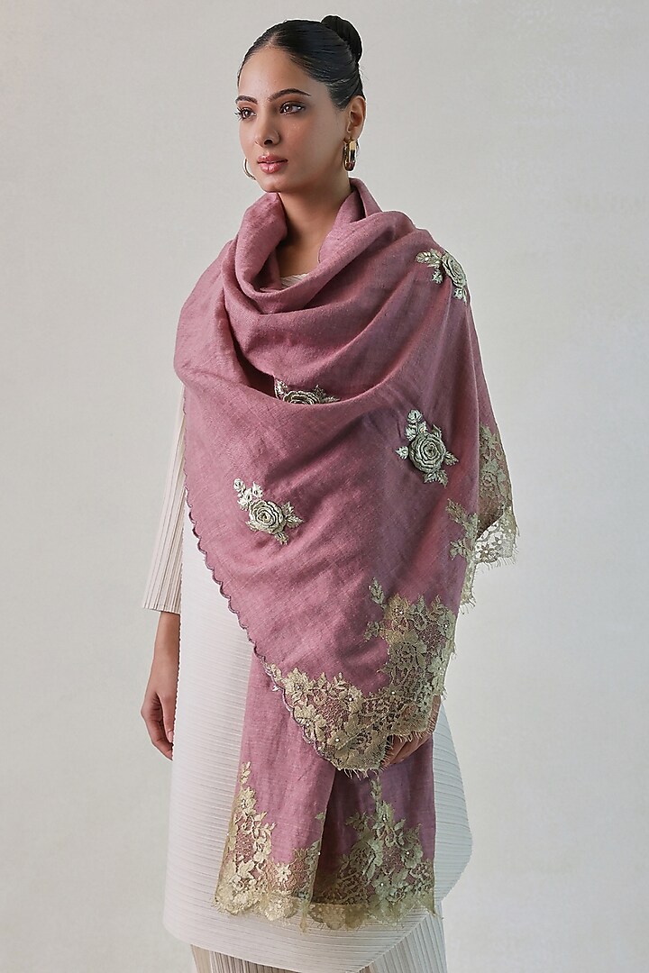 Dusty Rose Pink Chantilly Hand Embellished Stole by Shaza at Pernia's Pop Up Shop
