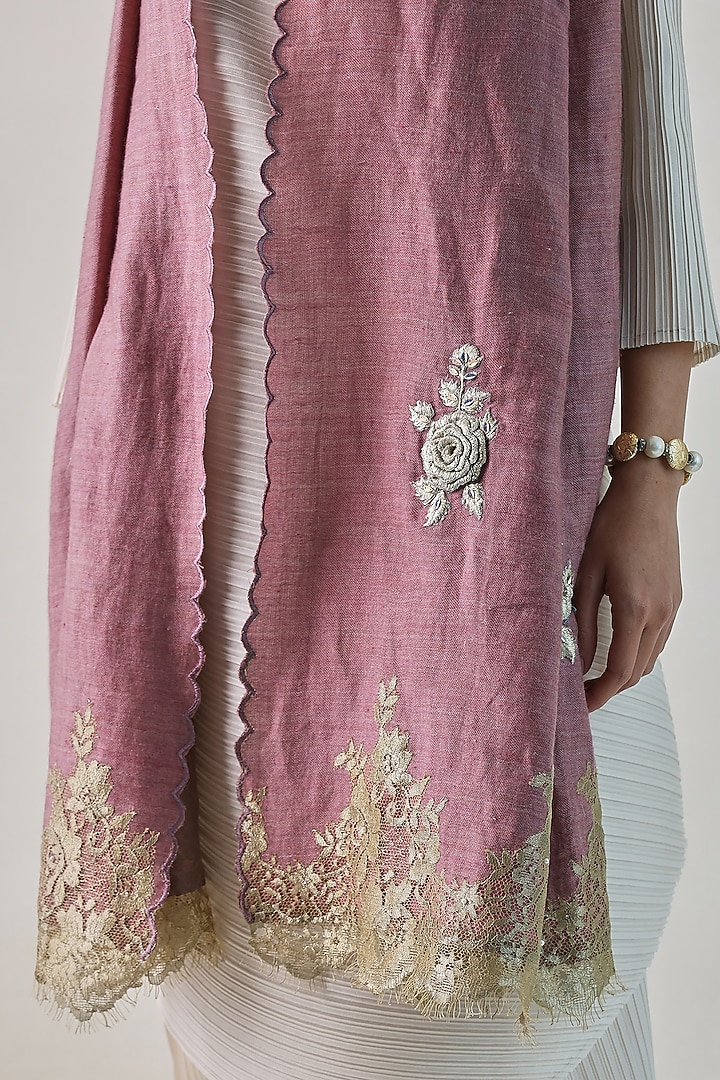 Dusty Rose Pink Chantilly Hand Embellished Stole by Shaza at Pernia's Pop Up Shop