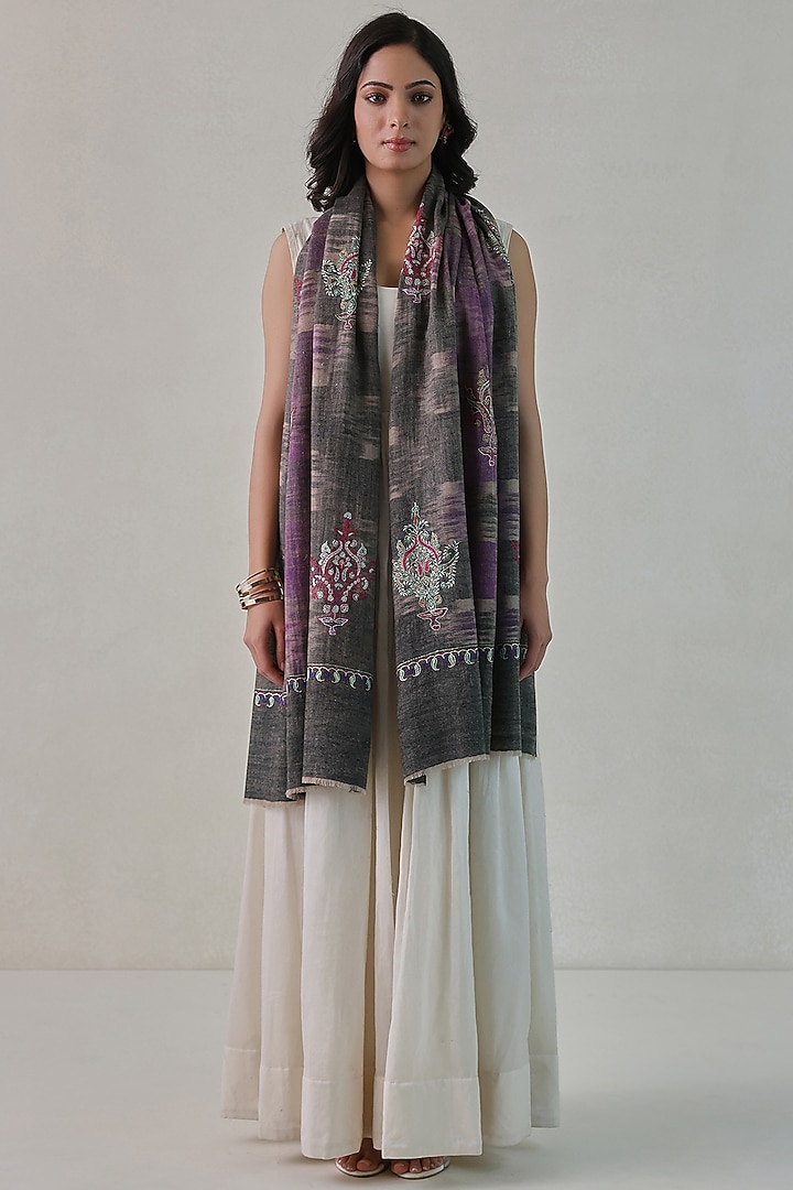Grey & Violet Pashmina Embroidered Stole by Shaza at Pernia's Pop Up Shop