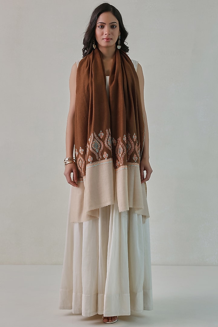 Brown Pashmina Embroidered Stole by Shaza at Pernia's Pop Up Shop
