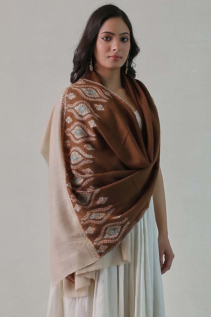 Brown Pashmina Embroidered Stole by Shaza at Pernia's Pop Up Shop