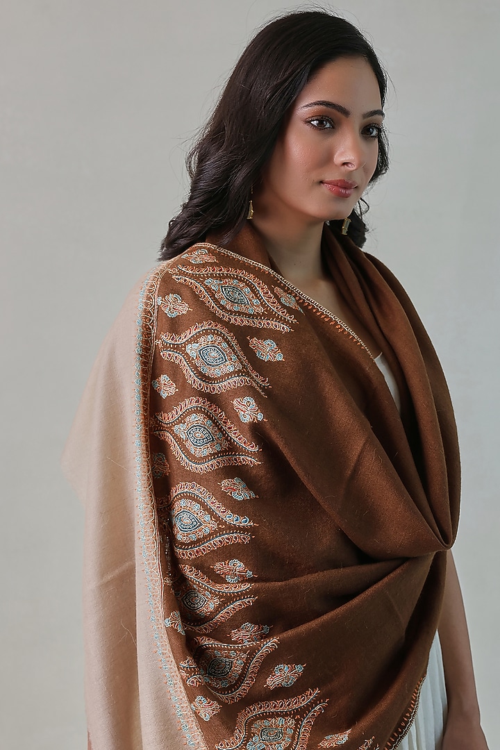 Brown Pashmina Embroidered Stole by Shaza at Pernia's Pop Up Shop