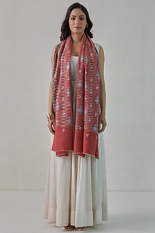 Red Pashmina Embroidered Stole by Shaza