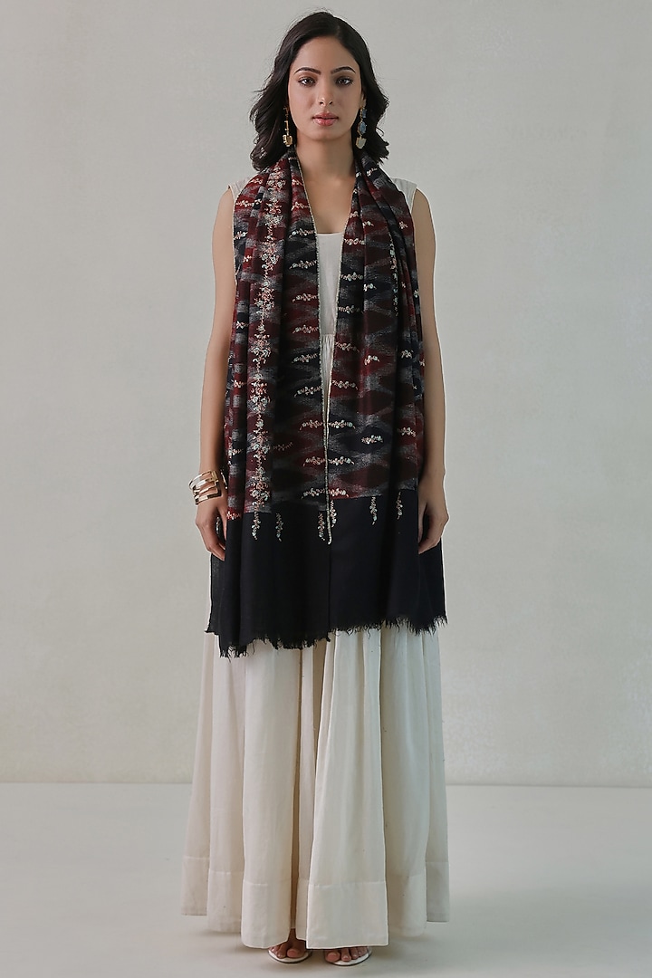 Black & Red Pashmina Embroidered Stole by Shaza at Pernia's Pop Up Shop