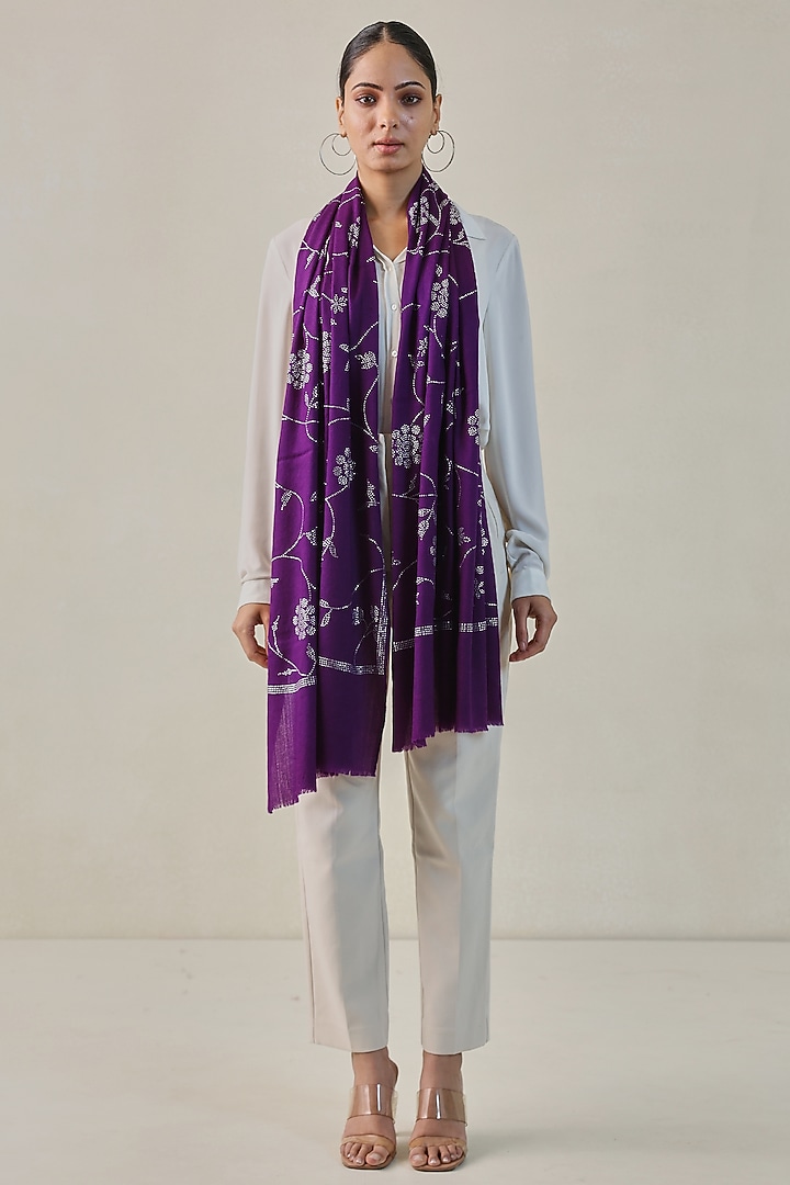 Purple Fine Count Wool Hand Embellished Stole by Shaza at Pernia's Pop Up Shop