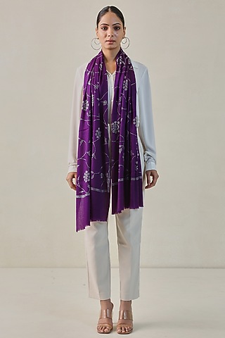 Purple Fine Count Wool Hand Embellished Stole by Shaza