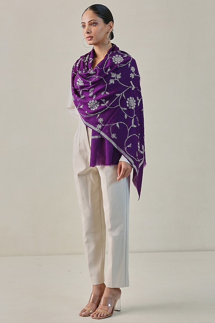 Purple Fine Count Wool Hand Embellished Stole by Shaza at Pernia's Pop Up Shop