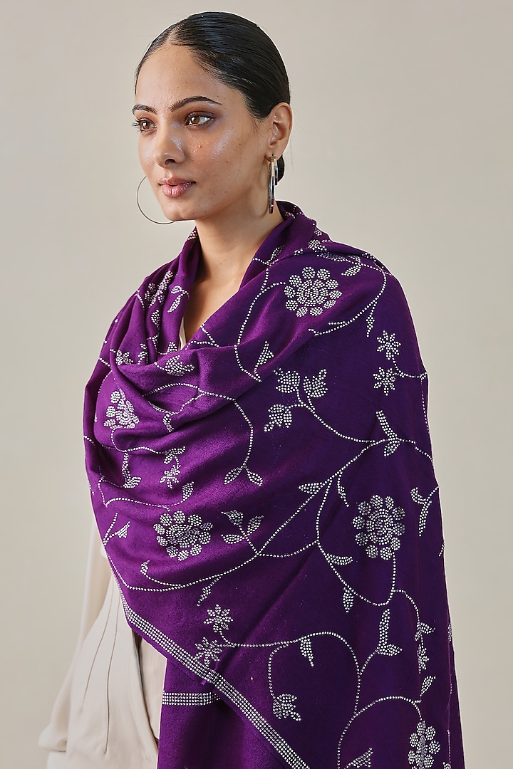 Purple Fine Count Wool Hand Embellished Stole by Shaza at Pernia's Pop Up Shop