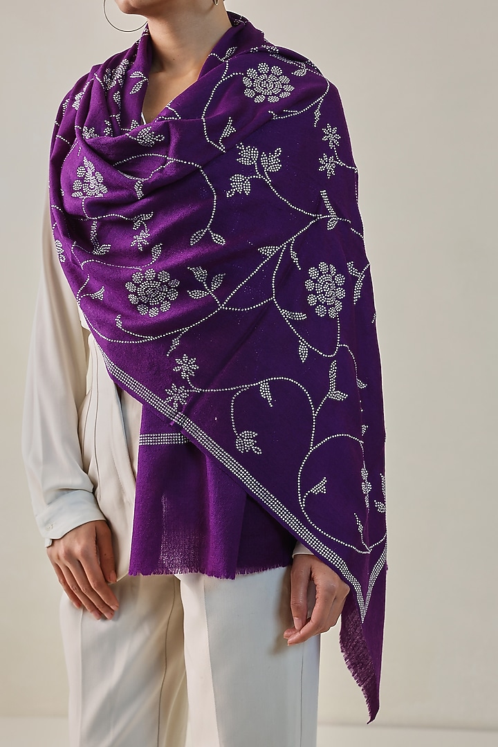 Purple Fine Count Wool Hand Embellished Stole by Shaza at Pernia's Pop Up Shop