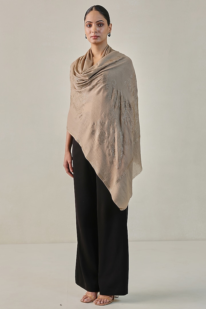 Sand Beige Fine Count Wool Hand Embellished Pashmina Stole by Shaza at Pernia's Pop Up Shop