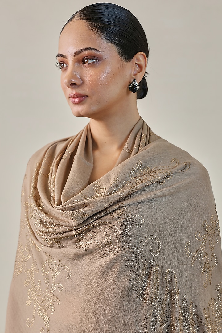 Sand Beige Fine Count Wool Hand Embellished Pashmina Stole by Shaza at Pernia's Pop Up Shop