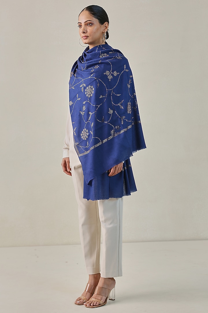 Blue Fine Count Wool Hand Embellished Pashmina Stole by Shaza at Pernia's Pop Up Shop