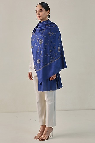 Blue Fine Count Wool Hand Embellished Pashmina Stole by Shaza