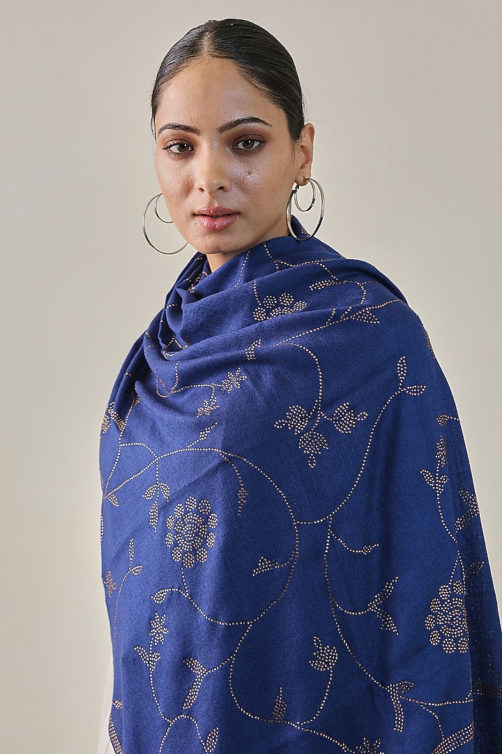 Blue Fine Count Wool Hand Embellished Pashmina Stole by Shaza at Pernia's Pop Up Shop