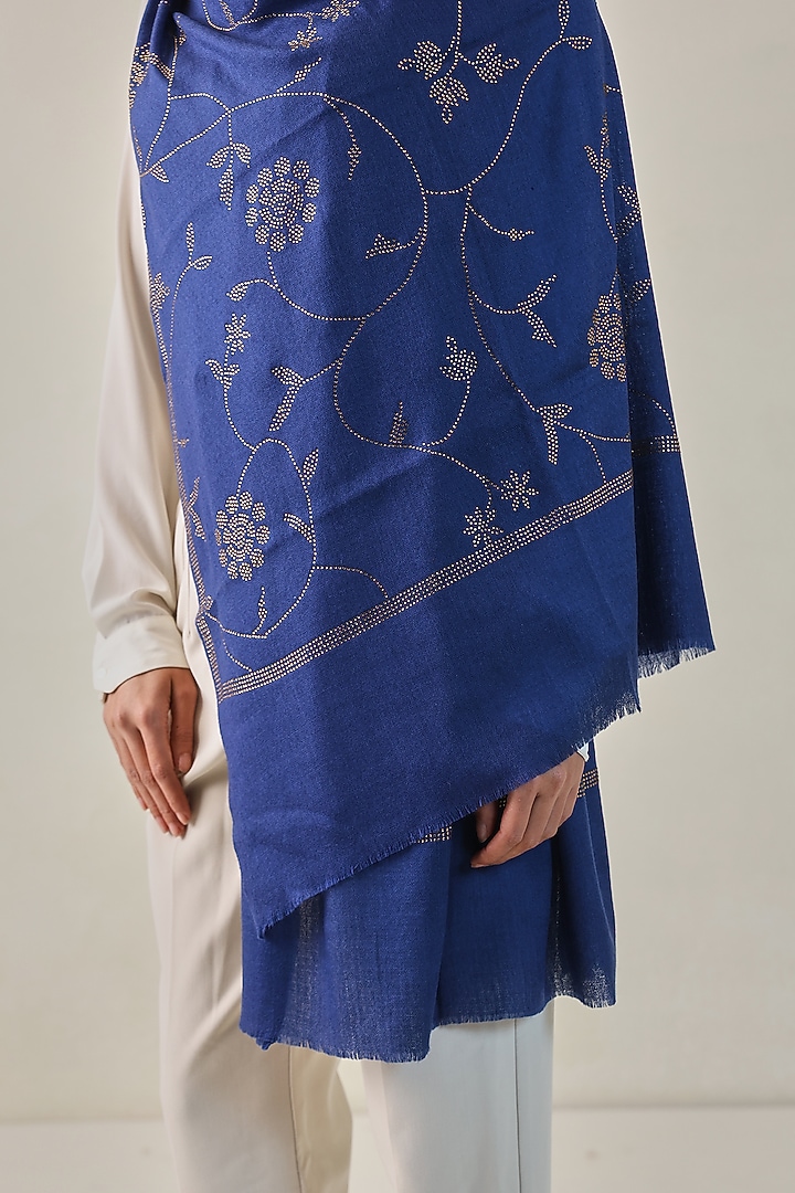 Blue Fine Count Wool Hand Embellished Pashmina Stole by Shaza at Pernia's Pop Up Shop
