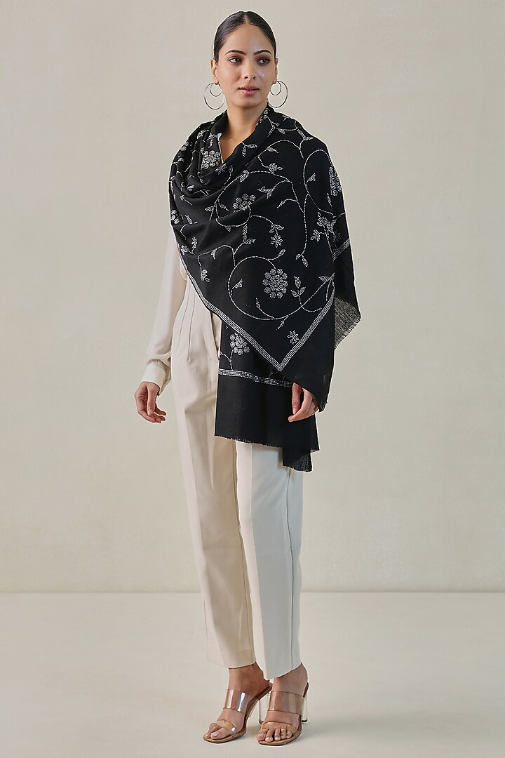 Black Fine Count Wool Hand Embellished Pashmina Stole by Shaza at Pernia's Pop Up Shop