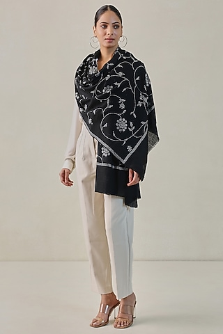 Black Fine Count Wool Hand Embellished Pashmina Stole by Shaza