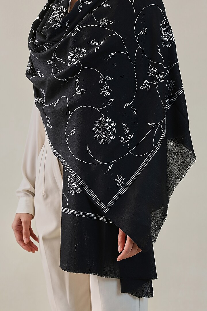 Black Fine Count Wool Hand Embellished Pashmina Stole by Shaza at Pernia's Pop Up Shop
