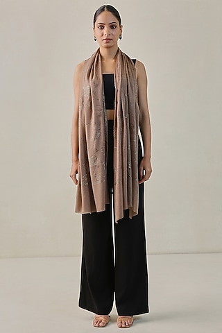 Latte Beige Fine Count Wool Hand Embellished Pashmina Stole by Shaza
