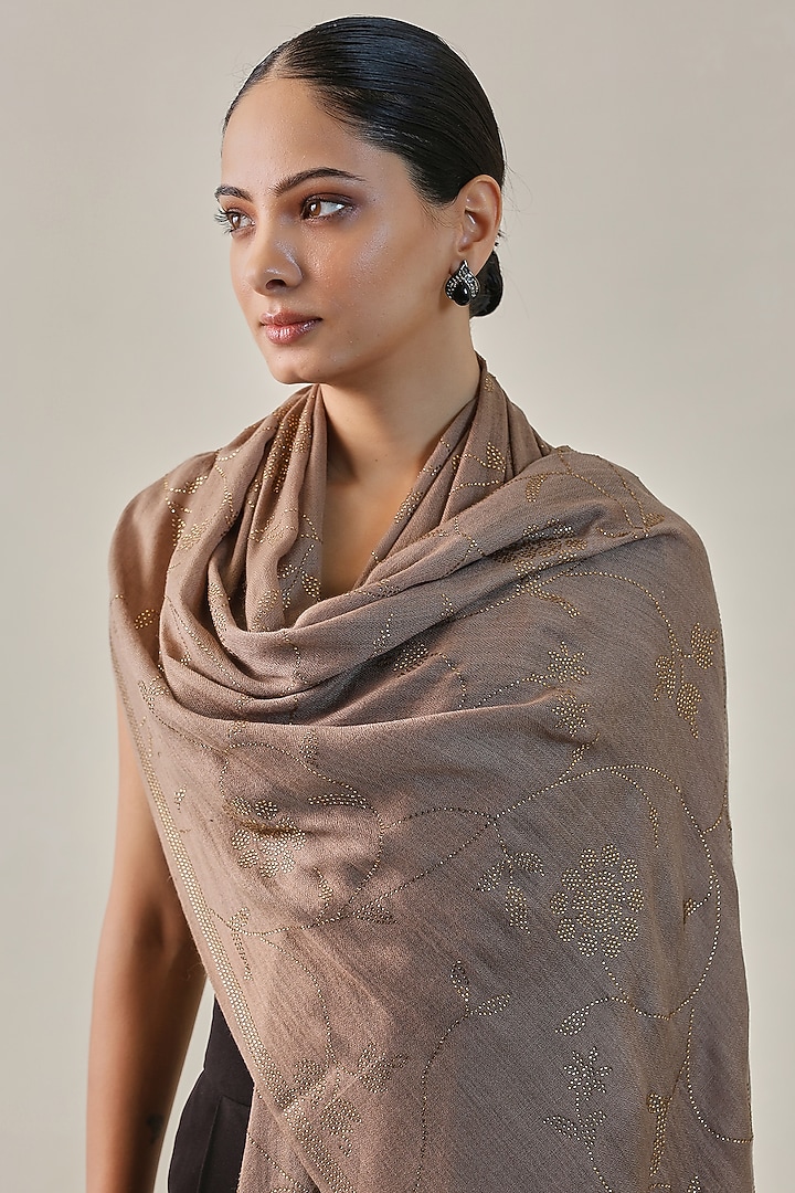 Latte Beige Fine Count Wool Hand Embellished Pashmina Stole by Shaza at Pernia's Pop Up Shop