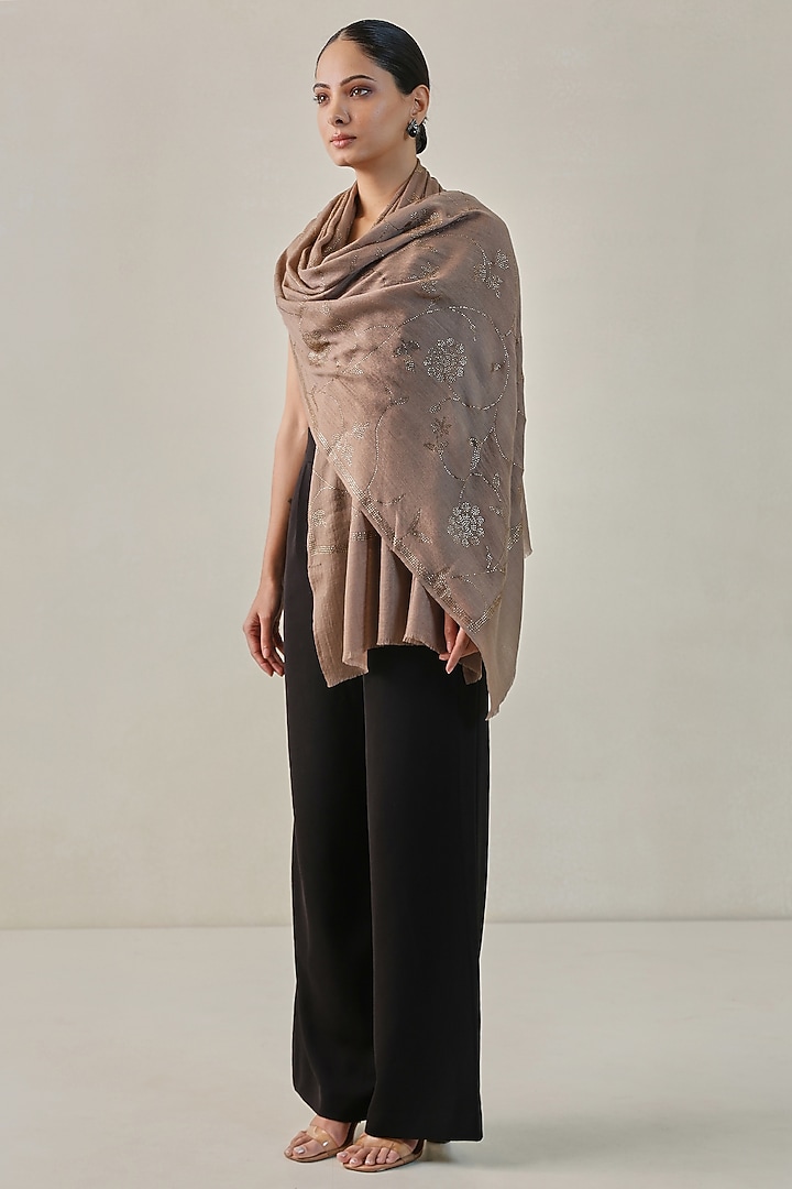 Latte Beige Fine Count Wool Hand Embellished Pashmina Stole by Shaza at Pernia's Pop Up Shop