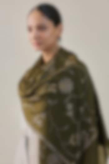 Olive Green Fine Count Wool Hand Embellished Pashmina Stole by Shaza at Pernia's Pop Up Shop