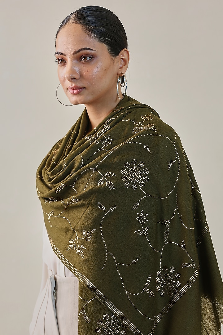 Olive Green Fine Count Wool Hand Embellished Pashmina Stole by Shaza at Pernia's Pop Up Shop