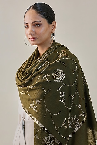 Olive Green Fine Count Wool Hand Embellished Pashmina Stole by Shaza