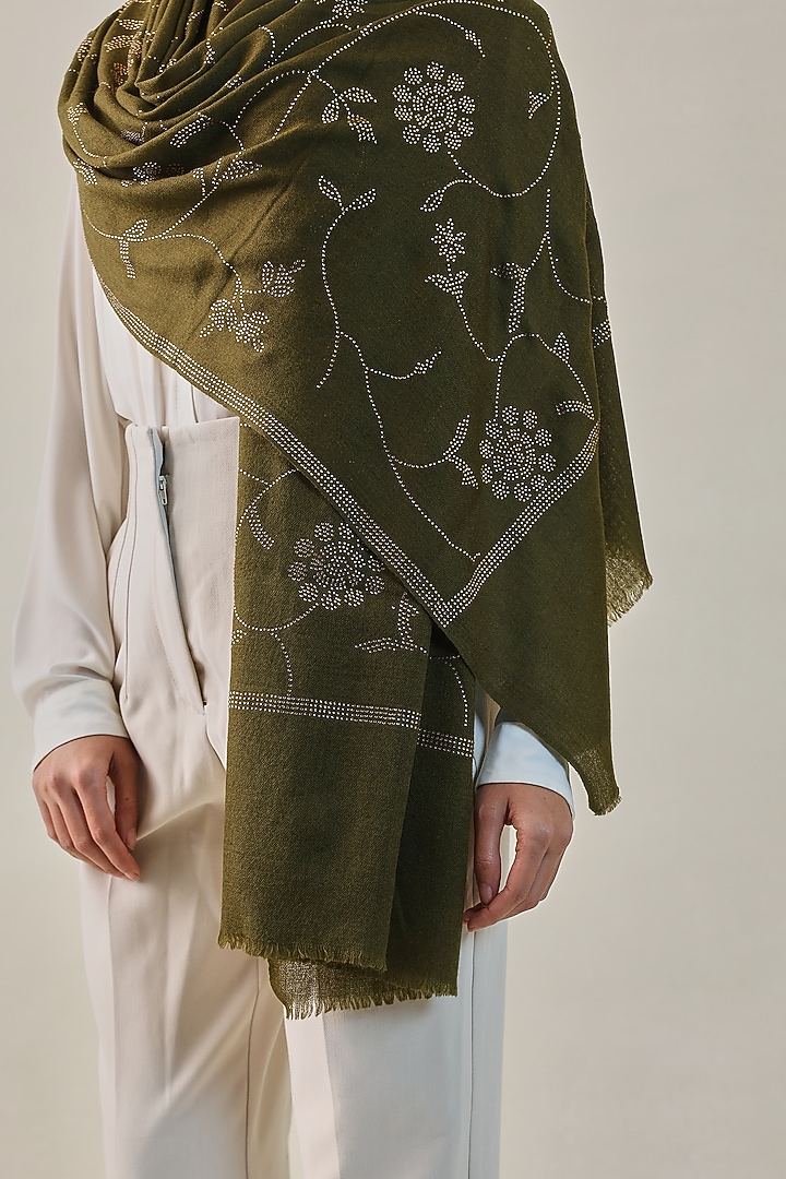 Olive Green Fine Count Wool Hand Embellished Pashmina Stole by Shaza at Pernia's Pop Up Shop