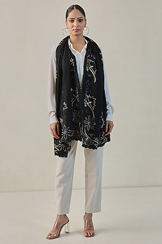 Black Fine Count Wool Swarovski Hand Embellished Pashmina Stole by Shaza