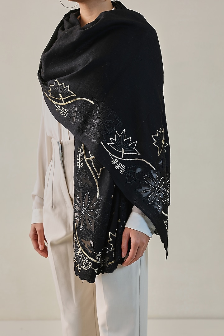Black Fine Count Wool Swarovski Hand Embellished Pashmina Stole by Shaza at Pernia's Pop Up Shop