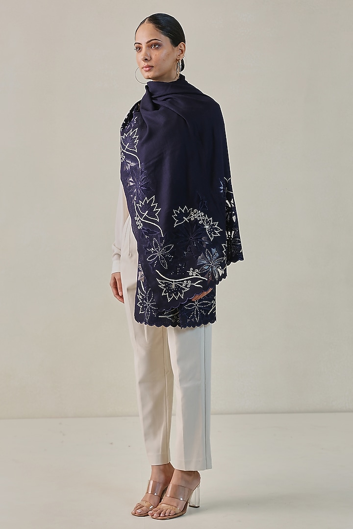 Dark Blue Fine Count Wool Swarovski Hand Embellished Pashmina Stole by Shaza at Pernia's Pop Up Shop